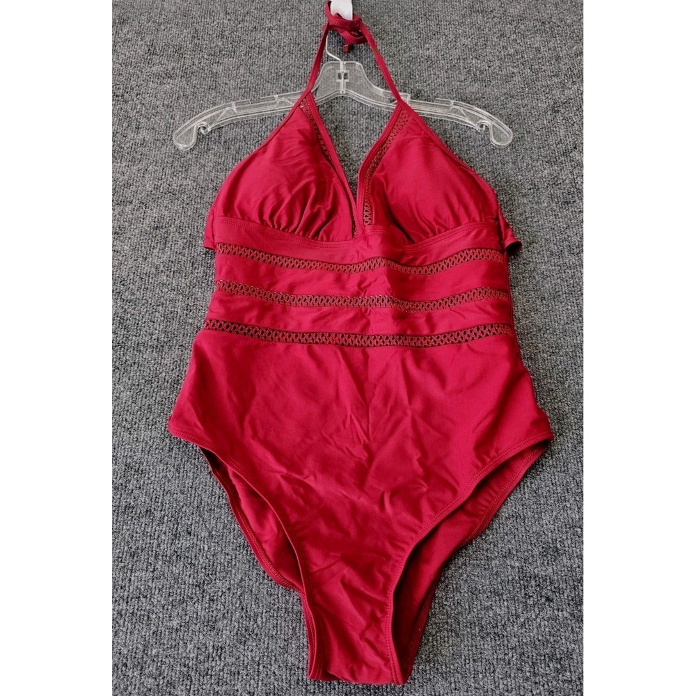 Tempt Me One Piece Swimsuit Large Burgundy Red Sexy Slimming With Crochet Trim